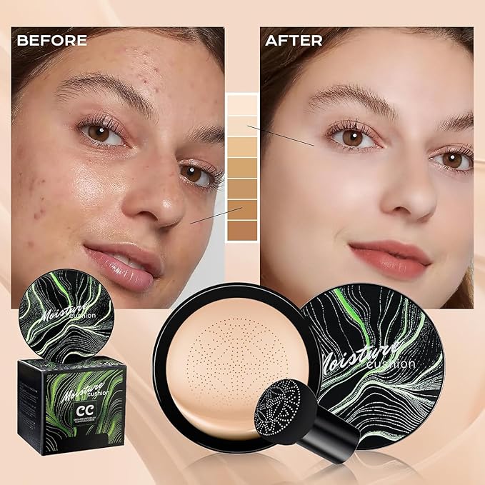 Mushroom Head Air Cushion CC Cream - Tattoo Cover up BB Cream Foundation Makeup Moisturizing Concealer Long-Lasting, Cushion Foundation Full Coverage Self Adjusting for All Skin Types(Ivory)