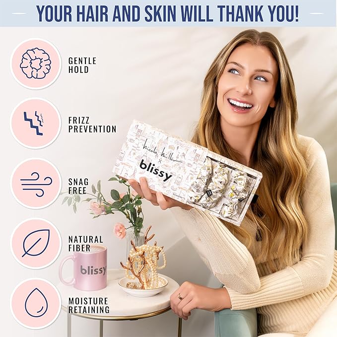 Blissy Silk Scrunchies (3 Pack) - 100% Pure Mulberry Silk - 22 Momme 6A High-Grade Fibers Scrunchie for Straight & Curly Hair (Nicole Miller NY to Paris, Regular)