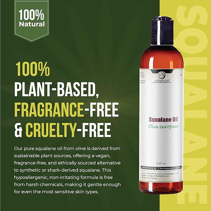 uh*Roh*Muh 100% Pure Squalane Oil from Olives – Lightweight, Non-Greasy Moisturizer for Skin & Hair | Deep Hydration, Fast-Absorbing & Non-Comedogenic | Natural Skin Care & Hair Oil | Spain | 8 Fl Oz