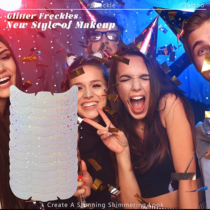 12 pcs Holographic Multichrome Glitter Freckles Face Tattoo, Waterproof Sparkle Face Glitter Speckles Patches for Women, Cute Star Glitter Temporary Tattoo Makeup Accessories for Festival Rave