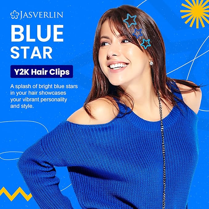 Star Hair Clips for Girls, 36 pcs Cute Accessories Kawaii Metal Snap Hairclips for Women Kids, Colorful Y2k Aesthetic Glitter Stars Barrettes Assorted Size (Blue)