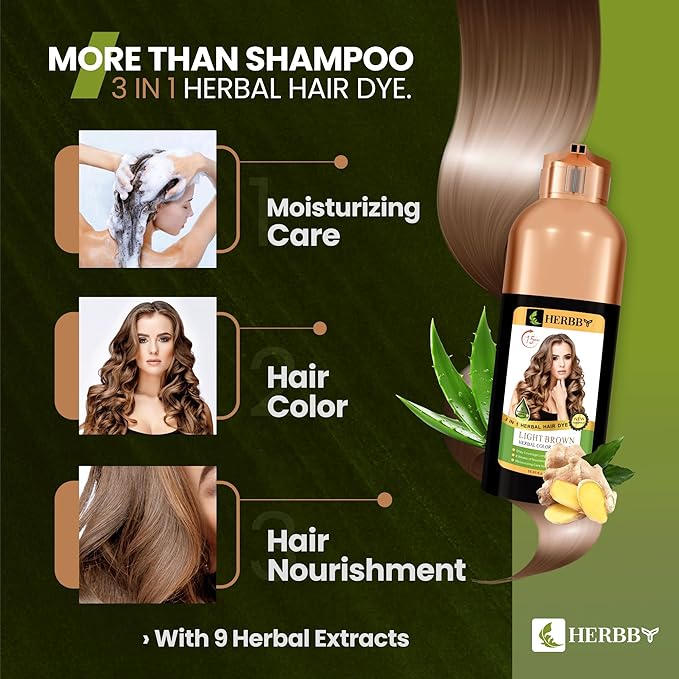 HERBBY Hair Color Shampoo for Gray Hair Coverage&Color Transform with 9 Herbal Extracts –Long Lasting(6-8 Weeks),Shiny,Evenly Colored,Instant Hair Dye Shampoo&Conditioner, 500 Ml (LIGHT BROWN COLOR)