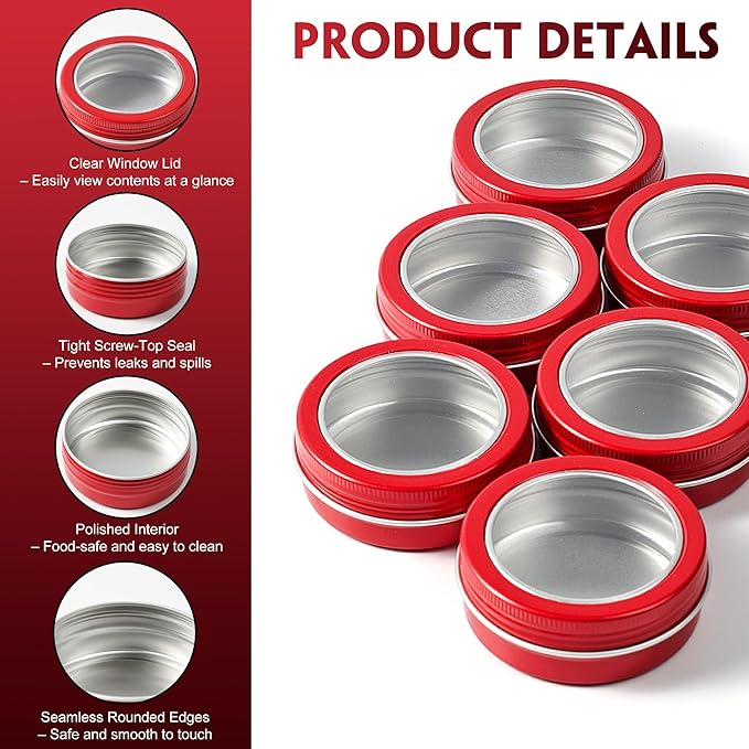 24 Pack 2 Ounce Screw Top Aluminum Tin Jar with Screw Clear Lid and Blank Labels, Refillable 60ml Metal Containers for Lip Balms, Candles, Salves, Spices, Crafts (Red)