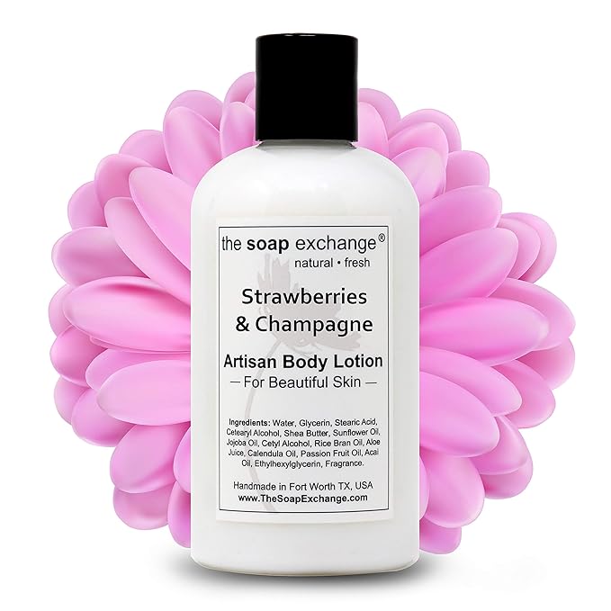The Soap Exchange Body Lotion - Strawberries & Champagne Scent - Hand Crafted 8 fl oz / 240 ml Natural Artisan Skin Care for Hand, Face, & Body, Moisturize, Hydrate, & Protect. Made in the USA.