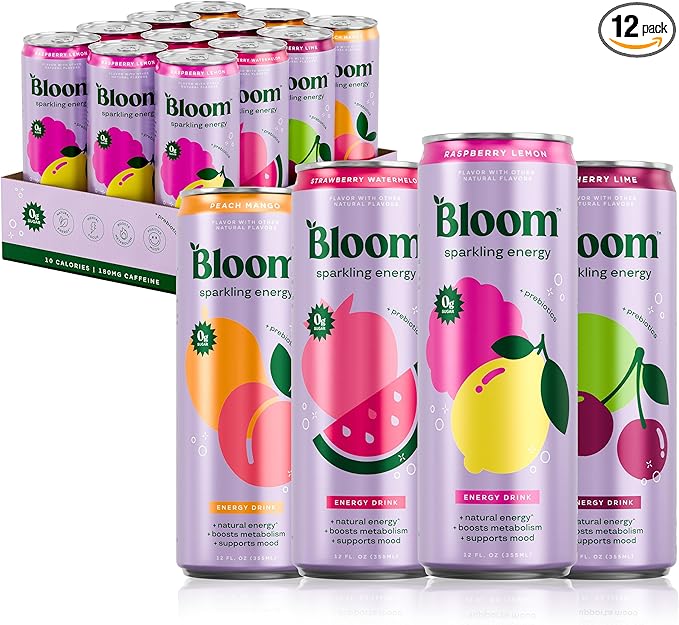 Bloom Nutrition Sparkling Energy Drink - Variety Pack - Natural Caffeine, Zero Sugar, 180mg Caffeine - Antioxidant-Rich with Green Coffee Bean, Green Tea Extract, Prebiotics - 12oz 12 Pack