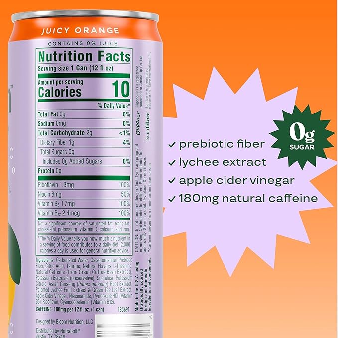 Bloom Nutrition Sparkling Energy Drink, Orange, 180mg Caffeine | Zero Sugar | Natural Caffeine | Antioxidant-Rich | 24 Pack