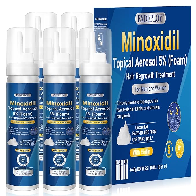 5% minoxidil foam for men-5pack， Infused with Biotin, Hair Growth Treatment, Supports Thicker and Fuller Hair & Beard (10.5oz, 5 Month Supply)