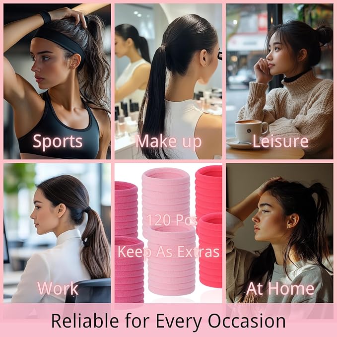 LuSeren 120 Pcs Pink Hair Ties for Women, No Damage Soft Seamless Nylon Hair Elastics for Thick Hair, Ponytail Holders, 3 Gradient Pink Hair Accessories
