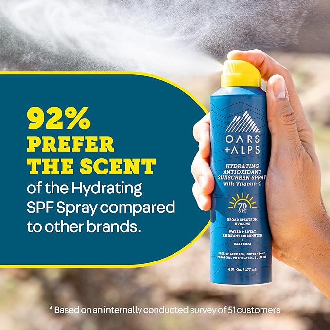 Oars + Alps Sunscreen Spray for Face & Body Spray Sunscreen Infused with Vitamin C & Antioxidants, No White Residue, Water & Sweat Resistant, All Skin Types, Lightweight, Hydrating, SPF 70, 6 Oz, 2pk