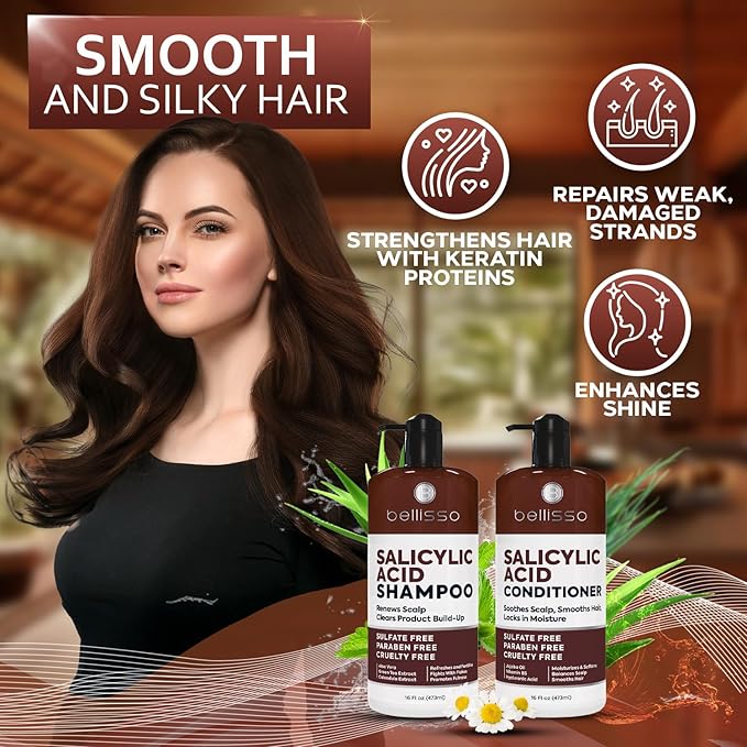 Salicylic Acid Shampoo and Conditioner Set - Scalp Exfoliator Formula for Flakes - Anti Dandruff and Itch Relief for Women and Men - Sulfate and Paraben Free - For Dry, Flaky, Itchy and Oily Hair