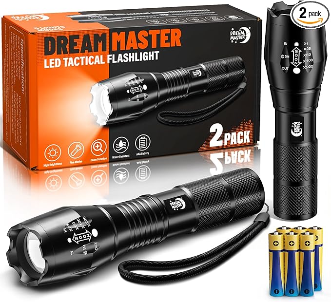 Dream Master 2 Pack LED Flashlights High Lumens with 6 AAA Batteries, 5 Modes Mini Waterproof Tactical Bright Flashlight for Camping Hiking, Stocking Stuffers & Christmas Gifts for Him, Men, Dad