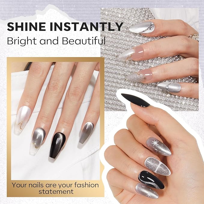 modelones Nail Polish Set, 6 Colors White Black Nail Polish with Magnet Glitter Cat Eye Magnetic Non Toxic Quick Dry Fingernail Polish Salon Home DIY Gifts For Women Girl