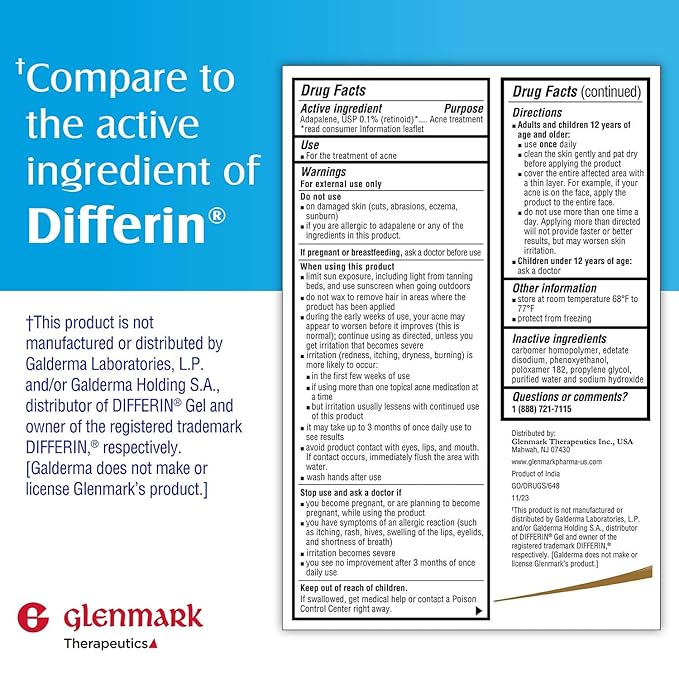 Glenmark Therapeutics Adapalene Gel 0.1% Acne Treatment, Paraben Free Topical Retinoid Cream for Face, Helps Clear and Prevent Acne and Clogged Pores, 15g Tube