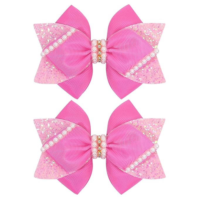 4" Sparkly Glitter Sequin Ribbon Hair Bow Clips,Pearl Wedding Boutique Alligator Barrettes Pins for Teens Toddler,Cheerleader Girls Kids Birthday Party Dress Decor Accessory (Pink)
