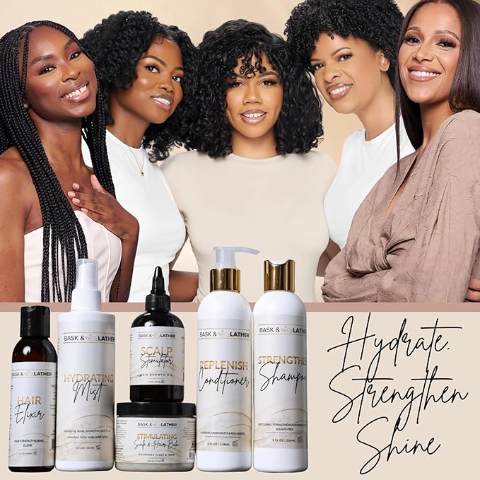 BASK & LATHER Strengthen Shampoo & Replenish Conditioner Set – Natural Hair Growth & Repair Duo, Sulfate-Free, Silicone-Free, Paraben-Free, Hydration, Elasticity & Shine, 8 oz each