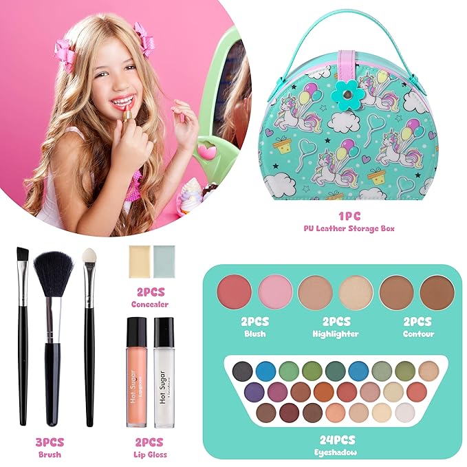 Hot Sugar Kids Makeup Kit, Girls Makeup Kit Age 4-6 7-8 10-12, Unicorn Gift for Girls Birthday Christmas (Green)