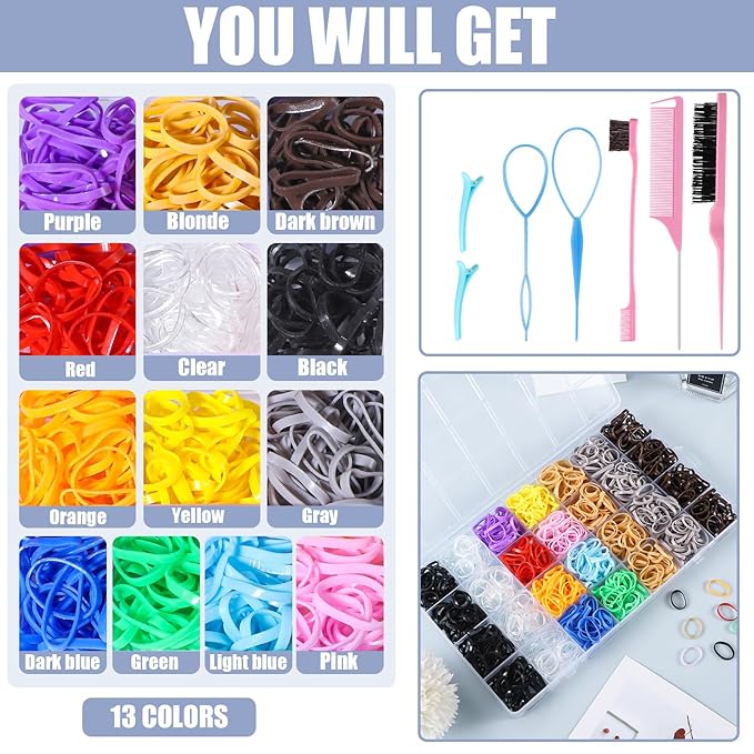 Rubber Bands and Hair Styling Tools Set: 1500 Pcs Elastic Hair Ties with Organizer Box, Baby/Toddler Hair Accessories Gift for Women and Kids