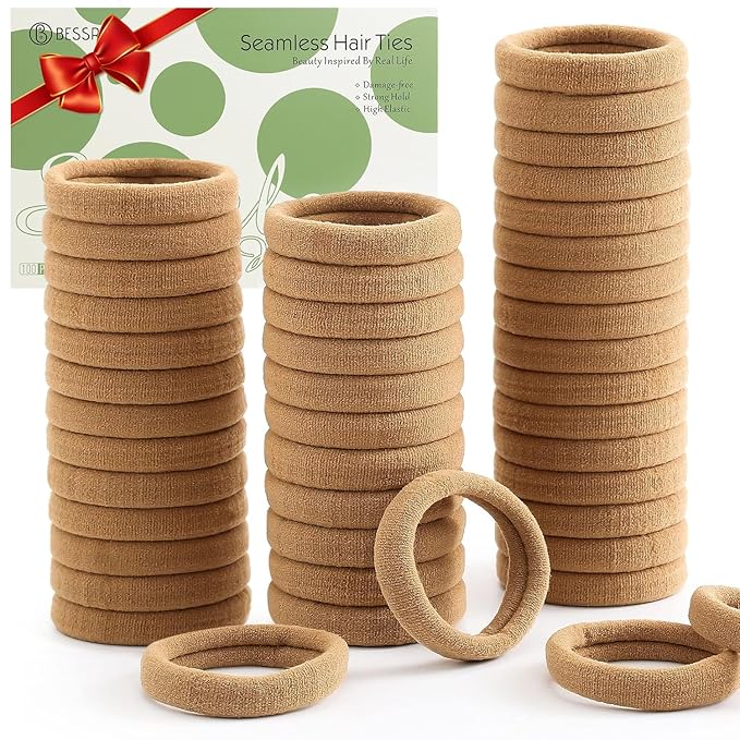 100 Pcs Thick Seamless Hair Ties, Ponytail Holders Hair Accessories No Damage for Thick Hair Christmas Gift(Light Brown Colors)