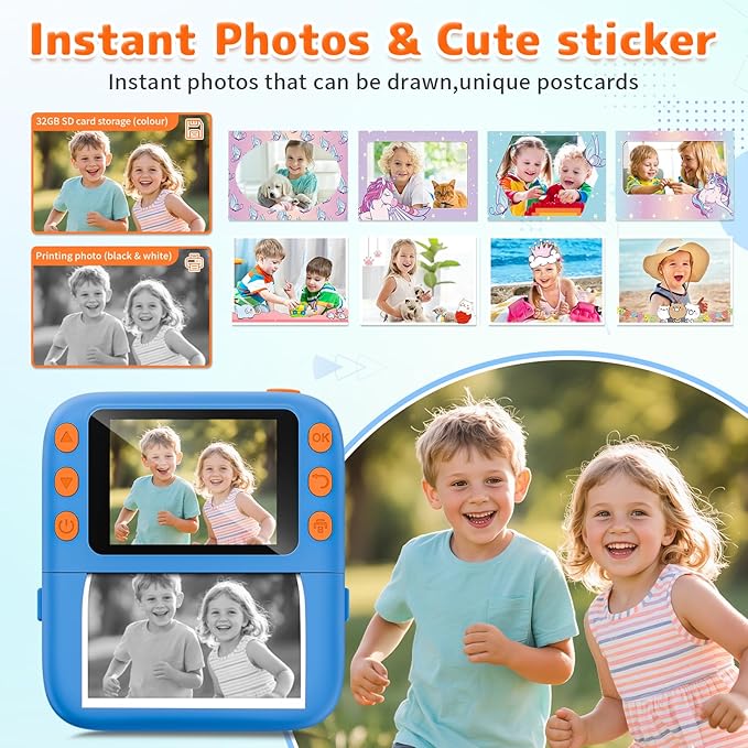 Instant Print Camera for Kids, Christmas Birthday Gifts for Girls Boys, 1080P Instant Digital Print Cameras for Toddler,Portable Toy for 4 5 6 7 8 9 10 Year Old Girl with 32GB SD Card，Blue