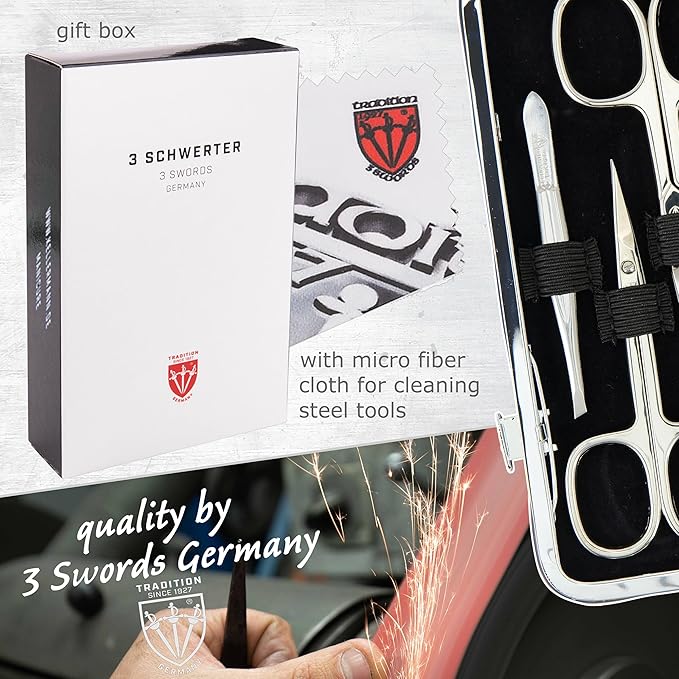 3 Swords Germany - brand quality 7 piece manicure pedicure grooming kit set for professional finger & toe nail care scissors clipper fashion leather case in gift box, Made by 3 Swords Germany (6271)