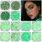 Body Glitter Face Glitter, Hair Glitter for Kids, 12 Shapes Fine Chunky Glitter Gel for Women Girls Makeup Sparkles Party Mermaid Sequins Rave Accessories Singer Concerts Festival (Green Scheme)