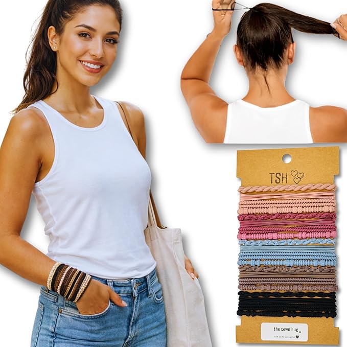 Boho Hair Ties, 20-Pack (4 Styles) Cute Elastic Bands for Thick or Thin Hair, No-Damage Stretch Bracelets, Brown Hair Accessories for Women & Girls (Rainbow Caravan)