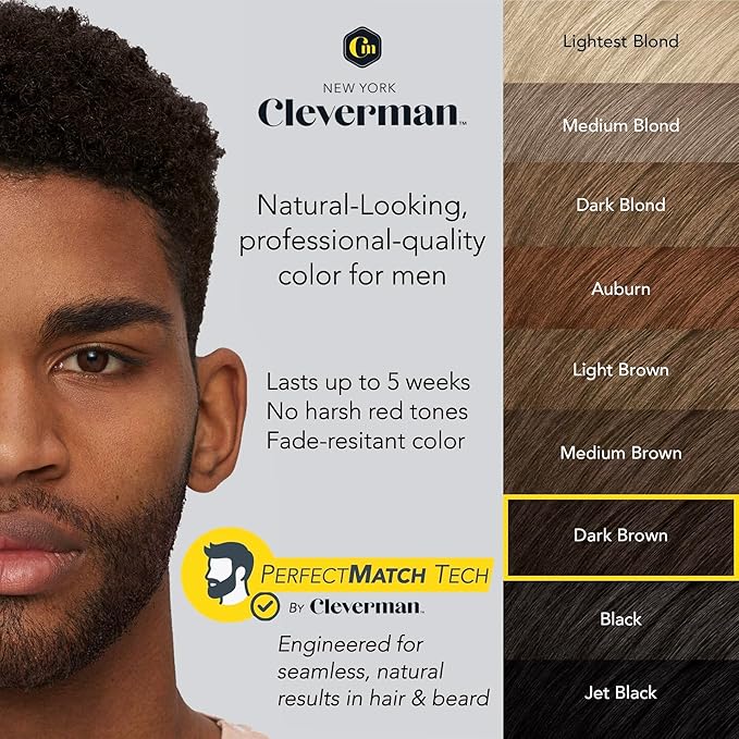 Reusable Hair & Beard Dye System for Men – Up to 5 Uses | 7-Minute Natural-Looking Gray Coverage | No-Drip Cream with SkinArmour® – Cleverman (Dark Brown for Black Men)