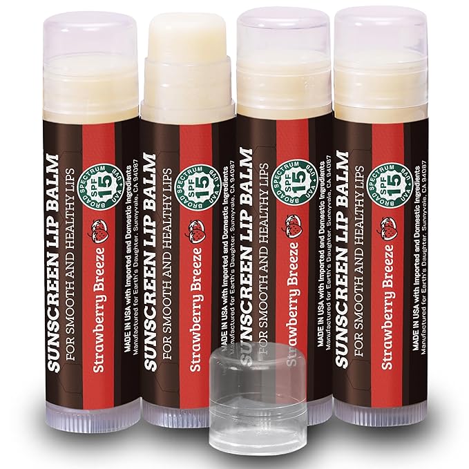 Earth's Daughter SPF Lip Balm 4-Pack Strawberry Flavor Stocking Stuffers - Lip Sunscreen, SPF 15, Organic Ingredients, Beeswax, Coconut Oil, Vitamin E - Hypoallergenic, Paraben Free, Gluten Free