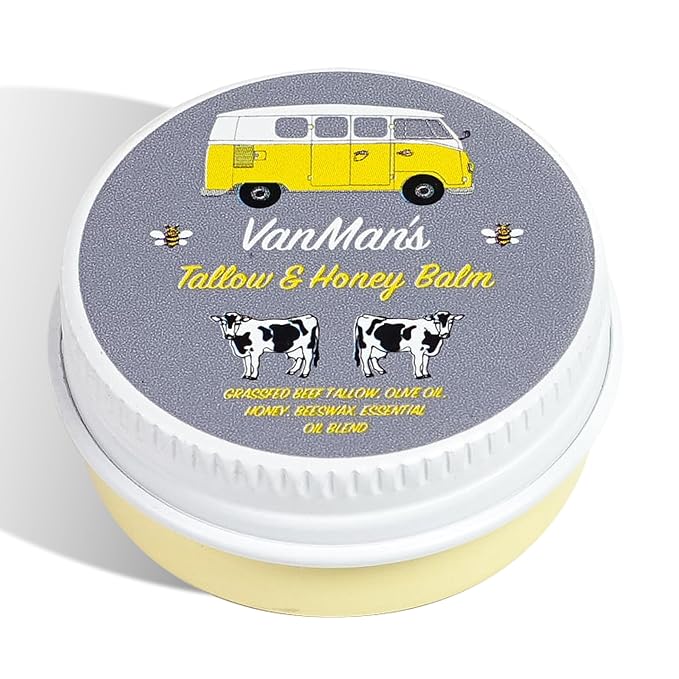 Vanman’s - Tiny Tallow and Honey Balm - Pocket-Size Face Moisturizer with Honey and Grass-Fed/Finished Beef Tallow - Grass-Fed/Finished Beef Balm with Vitamins A, K, D, E, and Essential Oils - 0.25 oz
