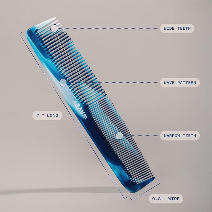 WAVEY Quality Hair Comb for Men and Women, Recycled Ocean Plastic, 7 Inches length perfect for home and travel, Wide and Fine Tooth for thick, thin, wavy, straight and curly hair styling - BLUE