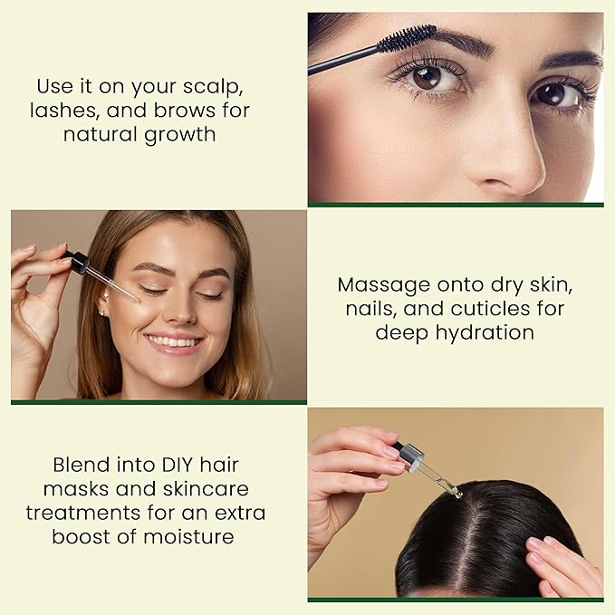 Pure Castor Oil - Cold Pressed 100% Castor Oil for Hair Growth, Skin, Eyebrows, Eye Lashes, Nails & Cuticles - Hexane Free, Natural & Unrefined - Includes Dual Mascara, Dropper & Scalp Massager