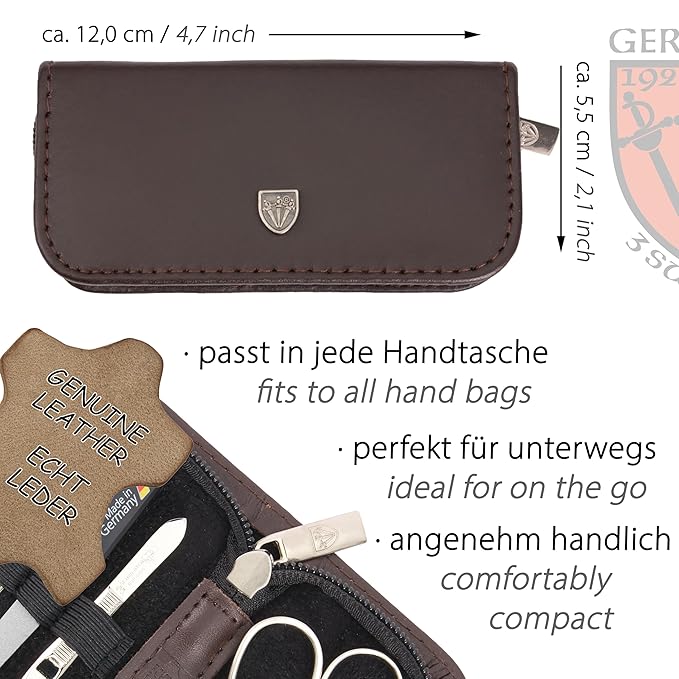 3 Swords Germany - brand quality 5 piece manicure pedicure grooming kit set for professional finger & toe nail care scissors clipper genuine leather brown case in gift box, Made in Germany