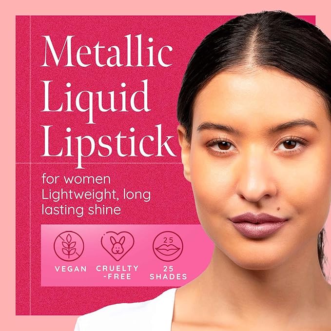 Aromi Dusty Rose Metallic Liquid Lipstick, Rosy Pink Nude Lip Color, Shimmery Finish, Waterproof, Long Lasting, Vegan, Cruelty-Free, Handmade (Pixie Dust)