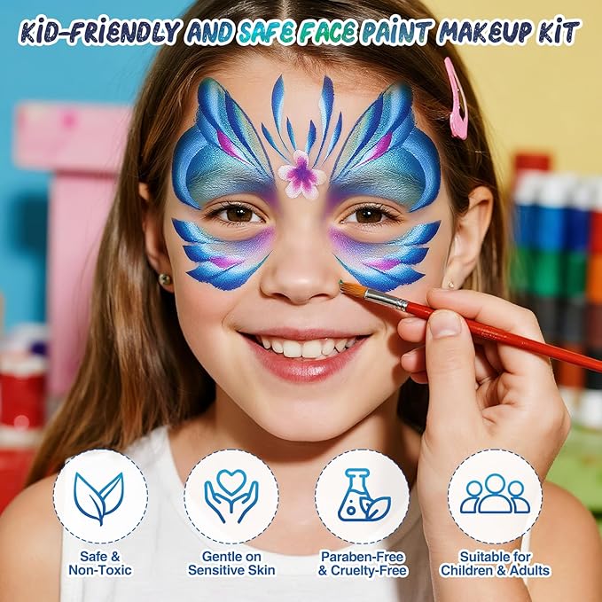 Professional Face Painting Kit – 42 Color Water-Activated Face Paint Makeup Palette with Stencils, Gems & Brushes – Non-Toxic Body Paint for Parties, Festivals, School Events & Carnival