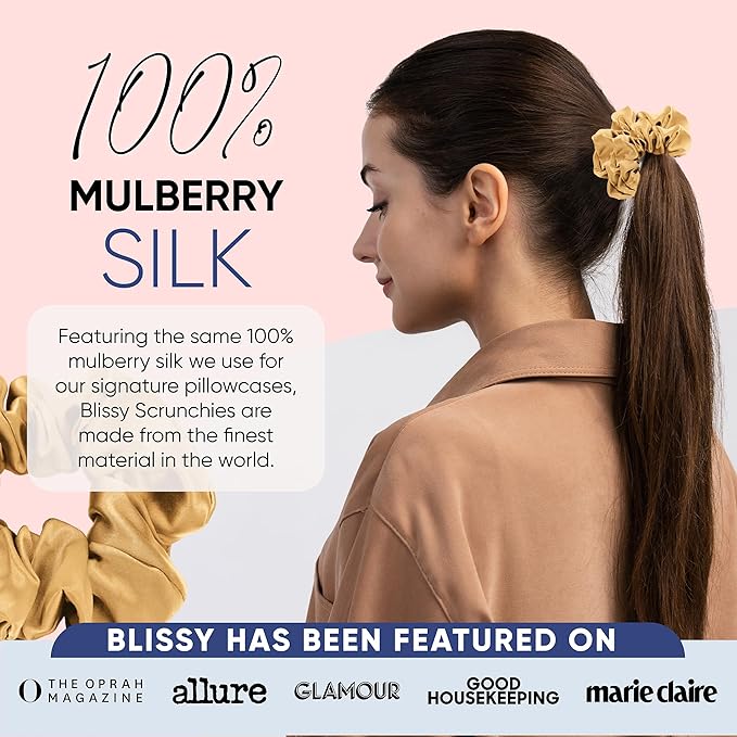 Blissy Silk Scrunchies (3 Pack) - 100% Pure Mulberry Silk - 22 Momme 6A High-Grade Fibers Scrunchie for Straight & Curly Hair - Preventing Breakage, Tangling, & Creasing (Gold Skinny)