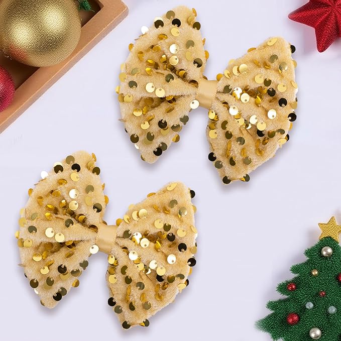 Velvet Sequin Hair Bows Elegant Gold Bow for Women Girls, 4in Glitter Handmade Hair Clips Alligator Clips Sparkly Ponytail Holder Hair Accessories for Christmas, Birthday Party, Wedding, Valentines