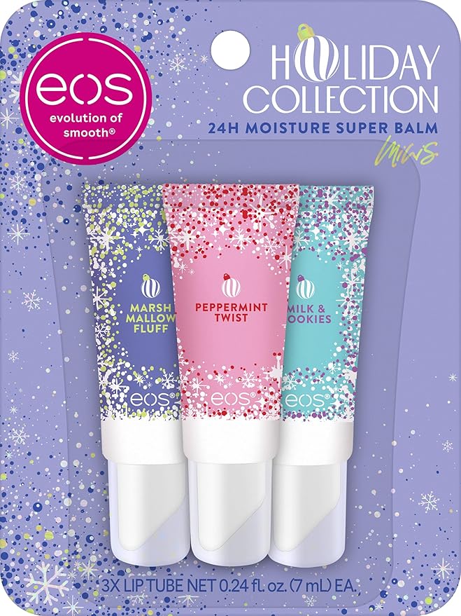 eos Holiday 24H Moisture Mini Super Balm Set, Peppermint Twist, Milk & Cookies, Marshmallow Fluff, Limited Edition Lip Care, Stocking Stuffers, 0.24 fl oz, 3-pack