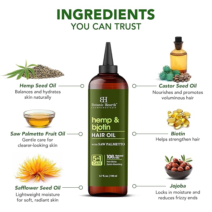 Botanic Hearth Hair Oil for Hair Growth | Strengthening Dry, Frizzy, Damaged Hair & Scalp Treatment | No Parabens or Harmful Sulfates | All Hair Types | Hemp & Biotin Hair Oil - 6.7 Fl Oz