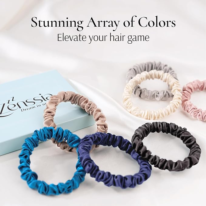 Zenssia Silk Scrunchies for Hair, 4PC Pure Mulberry Silk Hair Ties No Damage, Skinny Elastic Scrunchies for Fine & Thin Hair, Black Navy Royal Blue Silvergrey