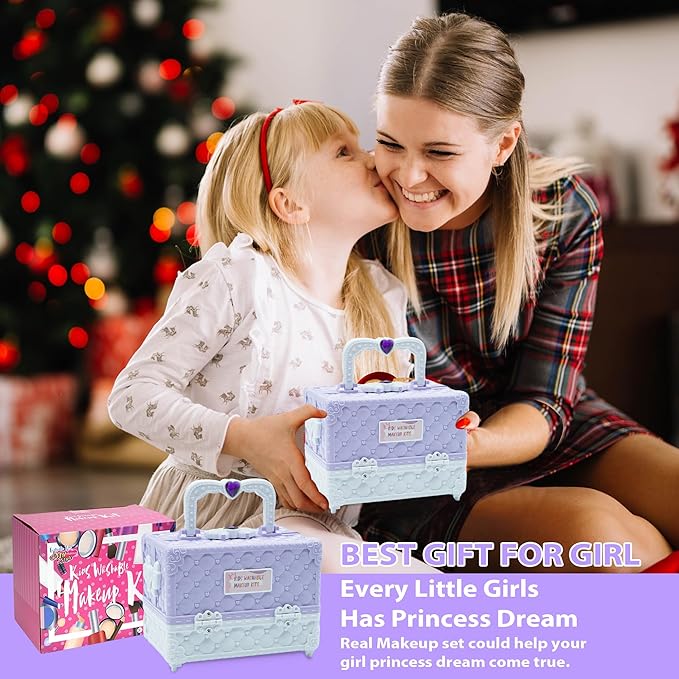 Kids Makeup Sets for Girls - 52 PCS Safe and Washable Makeup for Kids, Real Toddler Makeup Kit with Cosmetic Case, Girls Toys Age 4-12, Princess Toys Birthday Gift(Light Purple)