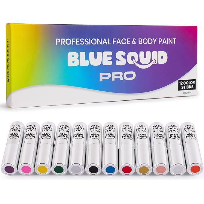 Blue Squid PRO 12 Color Pack Face Paint Stick - Waterproof Body Paint for Adults & Kids Eye Black Baseball, Softball - Vegan Hypoallergenic Twist-Up Non-Toxic Makeup Stick for Cosplay, Sports & SFX