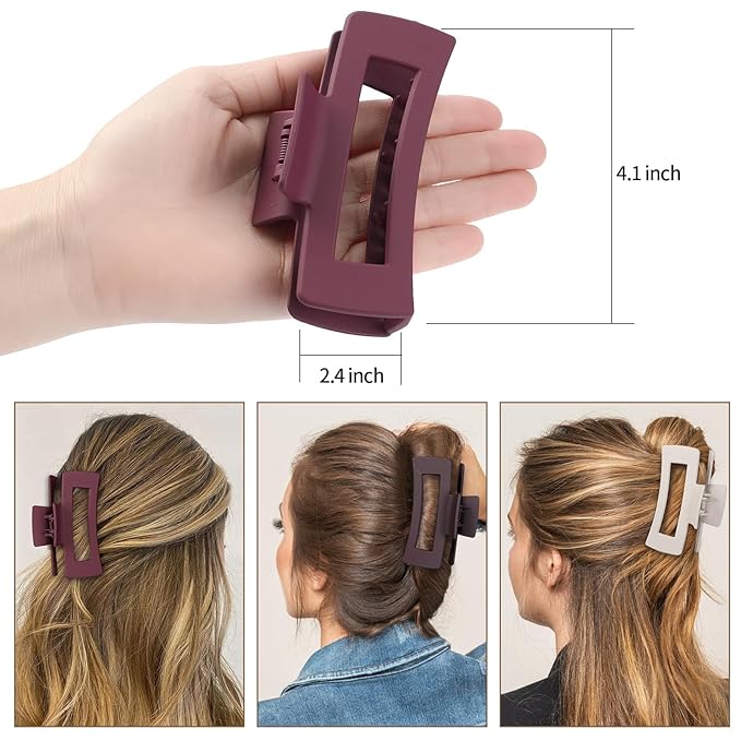 4 Inch Big Hair Claw Clips 6 Pcs Large Claw for Thick Hair Square Hair Clips for Women Rectangle Hair Clips Nonslip Acrylic Banana Jaw Clips Hair Accessories for Girls (Brown Scarlet)