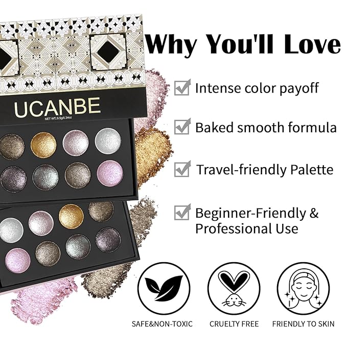 UCANBE 8 Color High-Intensity Baked Shimmer Eyeshadow Palette - Metallic Diamond-Like Shimmer, Highly Pigmented, Smooth & Blendable Formula for Dramatic & Radiant Eye Makeup (03 All Metallic)