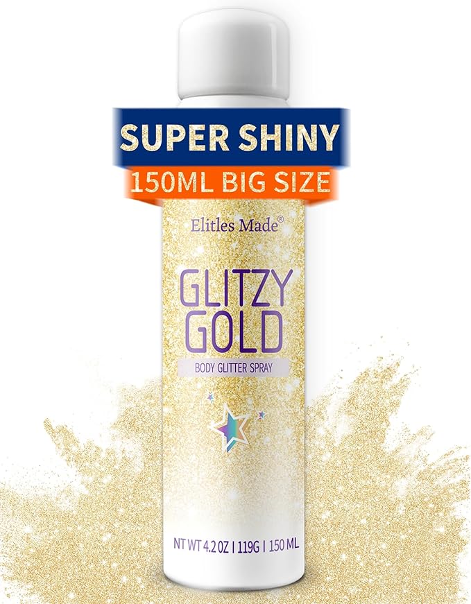 Hair Glitter Body Glitter Spray, 150ML Glitter Hairspray Gold Glitter Spray for Hair and Body, Hair Glitter for Kids Women, Body Shimmer Festival Rave and Makeup 4.2 Fl Oz