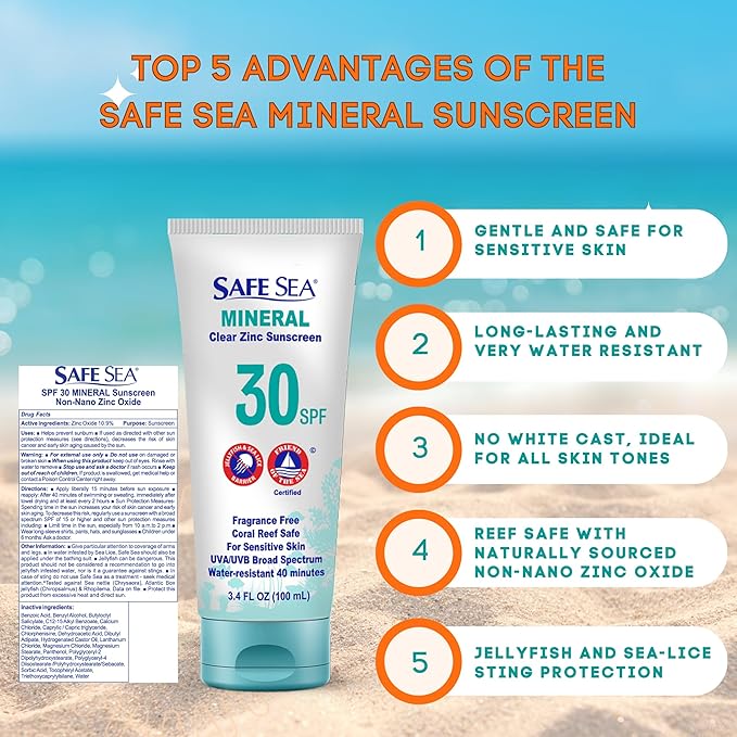 Safe Sea Zinc Oxide Sunscreen SPF30 | Clear Mineral Face And Body Reef Safe Sunscreen Without White Cast | Anti-Jellyfish Sting Protective Lotion | 3.4Oz (100ml) (1 Pack)