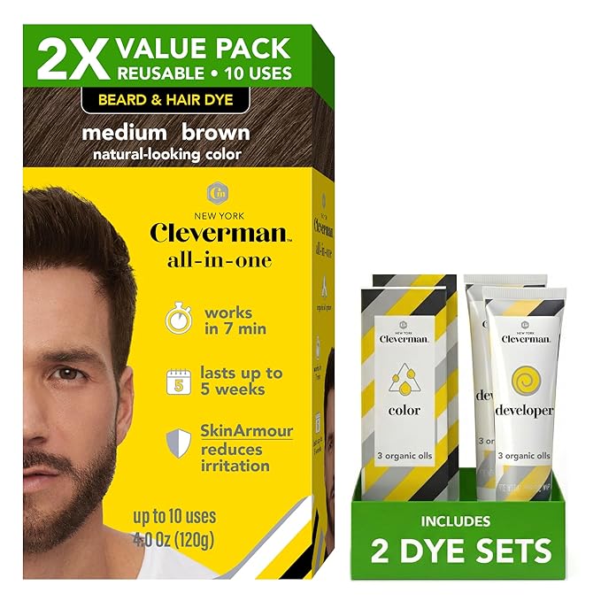 2X Reusable Hair & Beard Dye System for Men – Up to 10 Uses | 7-Minute Natural-Looking Gray Coverage | No-Drip Cream with SkinArmour® – Cleverman (Medium Brown)