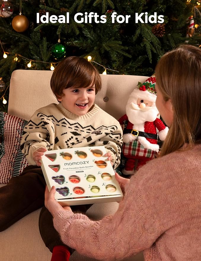 Momcozy 14-Pack Fruit Bath Bombs with Essential Oil, Ideal Christmas Gift for Happy Educational & Fun Bath Time, Bath Bombs Kit with 7 Cute Fruit Shapes, Ideal Gifts for Kids Girls Boys Toddlers