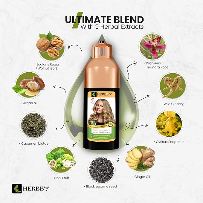 HERBBY Hair Color Shampoo for Gray Hair Coverage&Color Transform with 9 Herbal Extracts –Long Lasting(6-8 Weeks),Shiny,Evenly Colored,Instant Hair Dye Shampoo&Conditioner, 500 Ml (BLONDE BROWN COLOR)