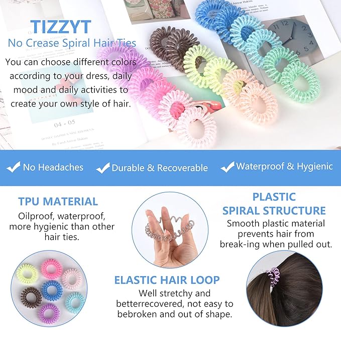 TIZZYT Spiral Hair Ties, No Crease Hair Elastics, Phone Cord Hair Ties, Ponytail Braid Holder For Women And Children, Suitable For Long Lasting Braids, Ponytails, Etc., 18 Pcs- Painless