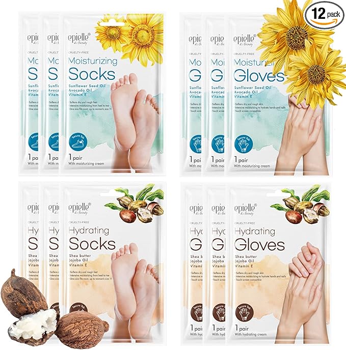 Epielle Hydrating & Moisturizing Hand & Foot Masks, Relieve and Soften Dry, Rough Skin, Self Care Gifts for Women, Spa Kit, Stocking Stuffers, 6 Moisturizing Gloves & 6 Moisturizing Socks